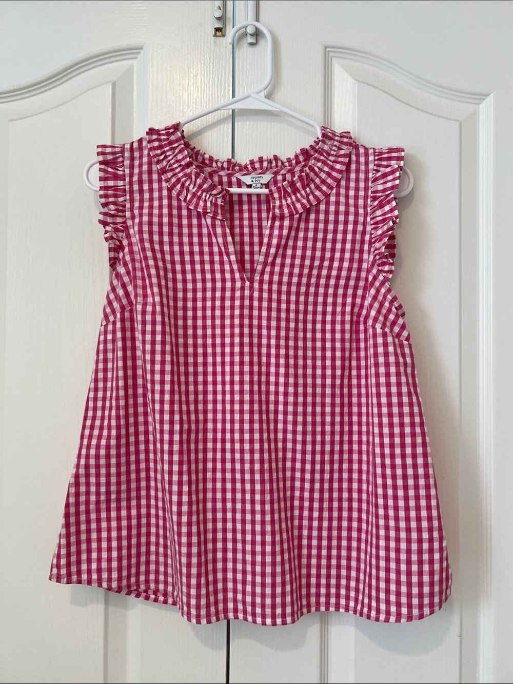 crown & ivy Pink and White Gingham Ruffle Neck Top